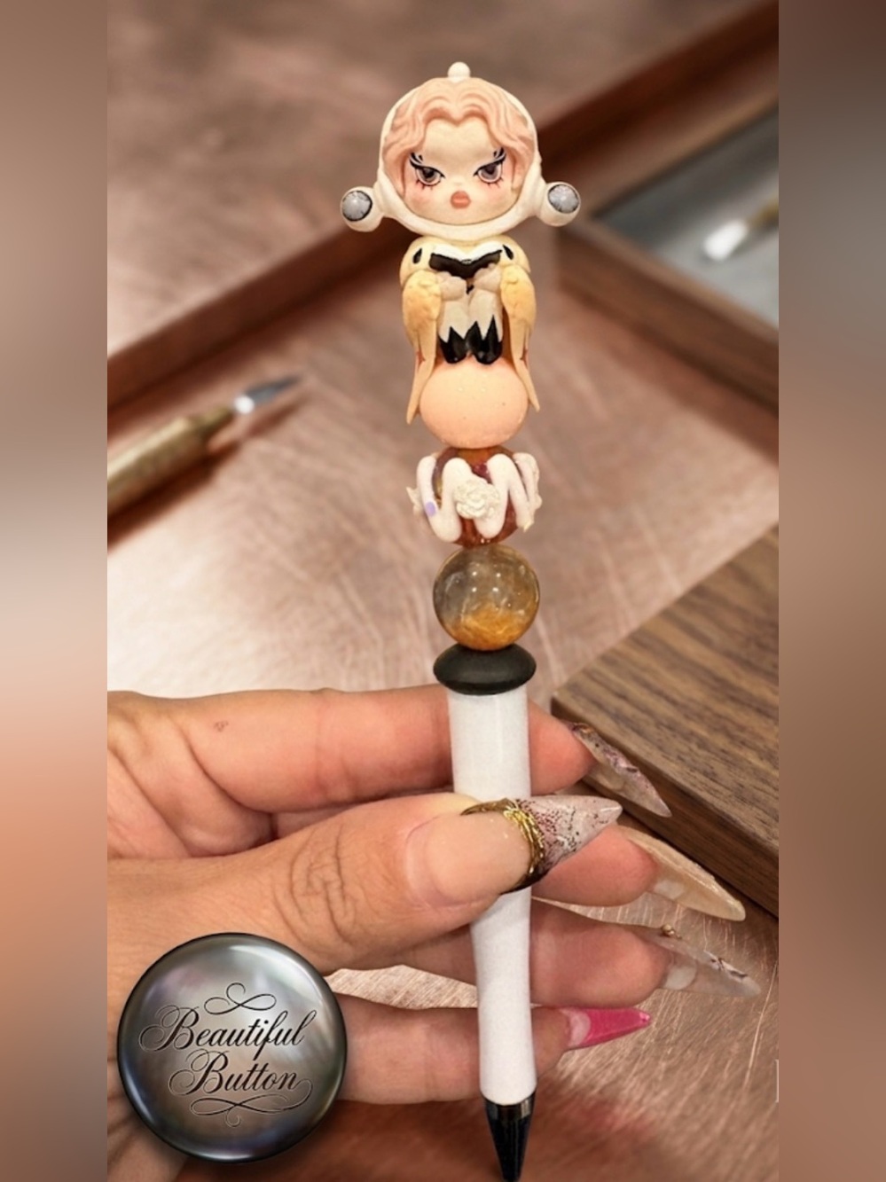 Handcrafted Beige & Peach Beaded Pen with Figurine Topper